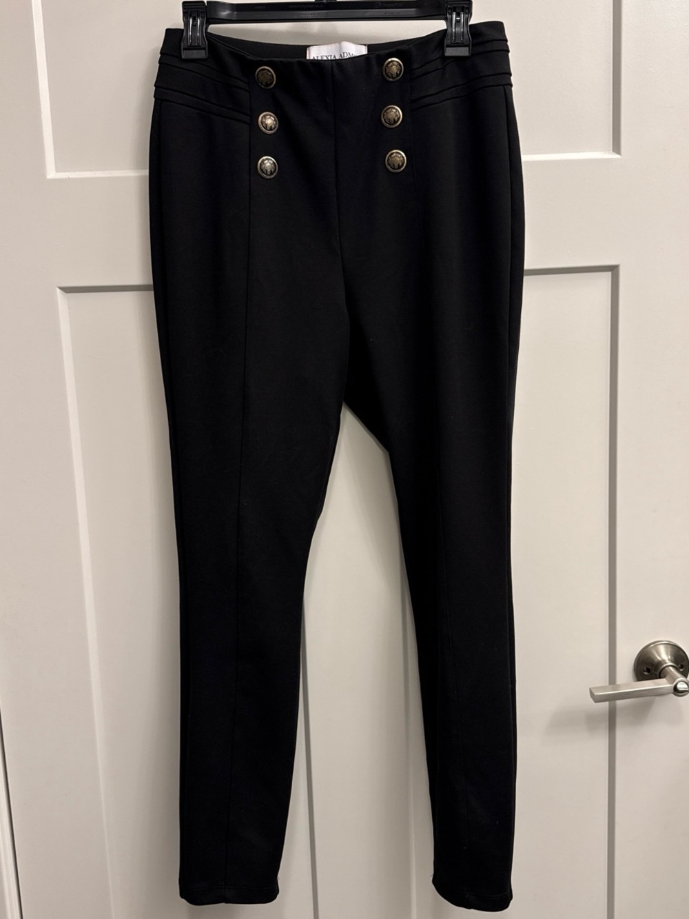 Alexia Admor Black High-Waist Fitted Pants Gold Medallion Buttons (leggings fit)